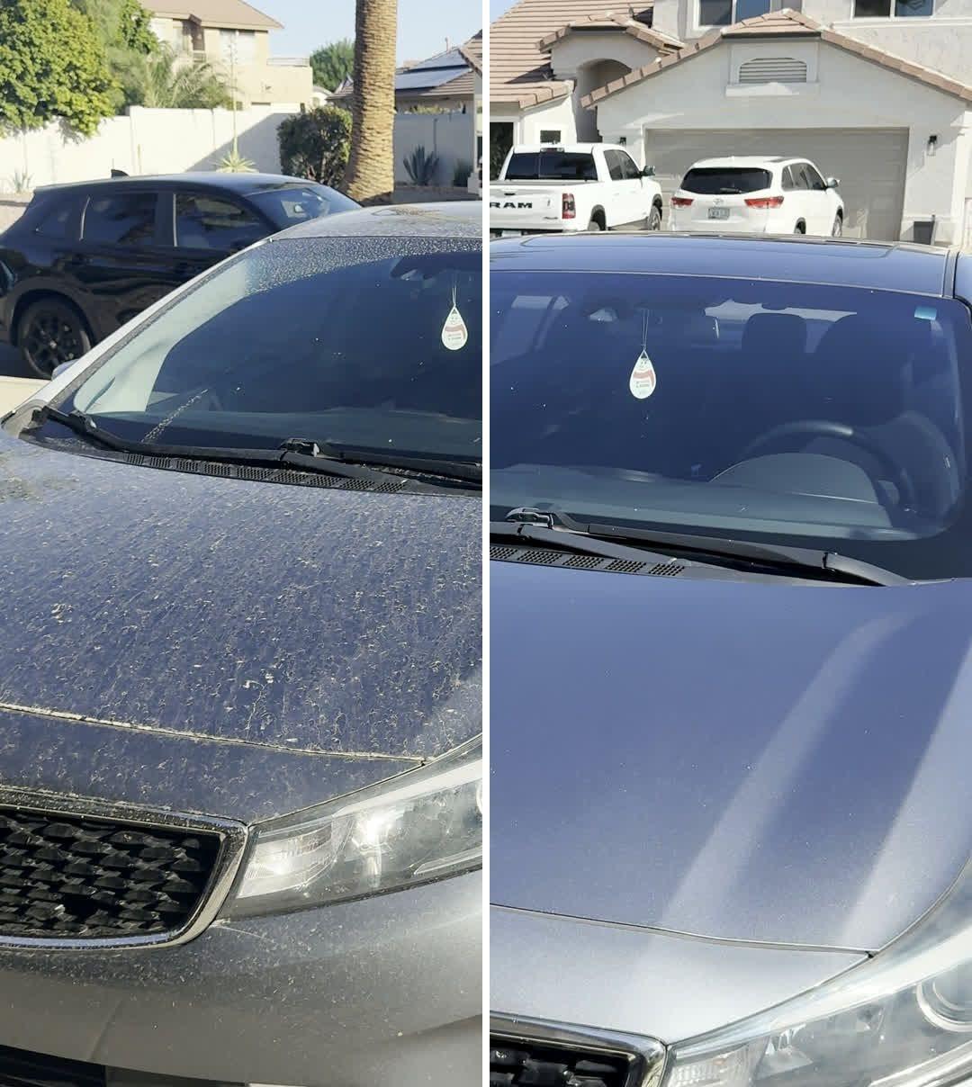 Gray sedan exterior detail, dirty before on the left and clean after on the right