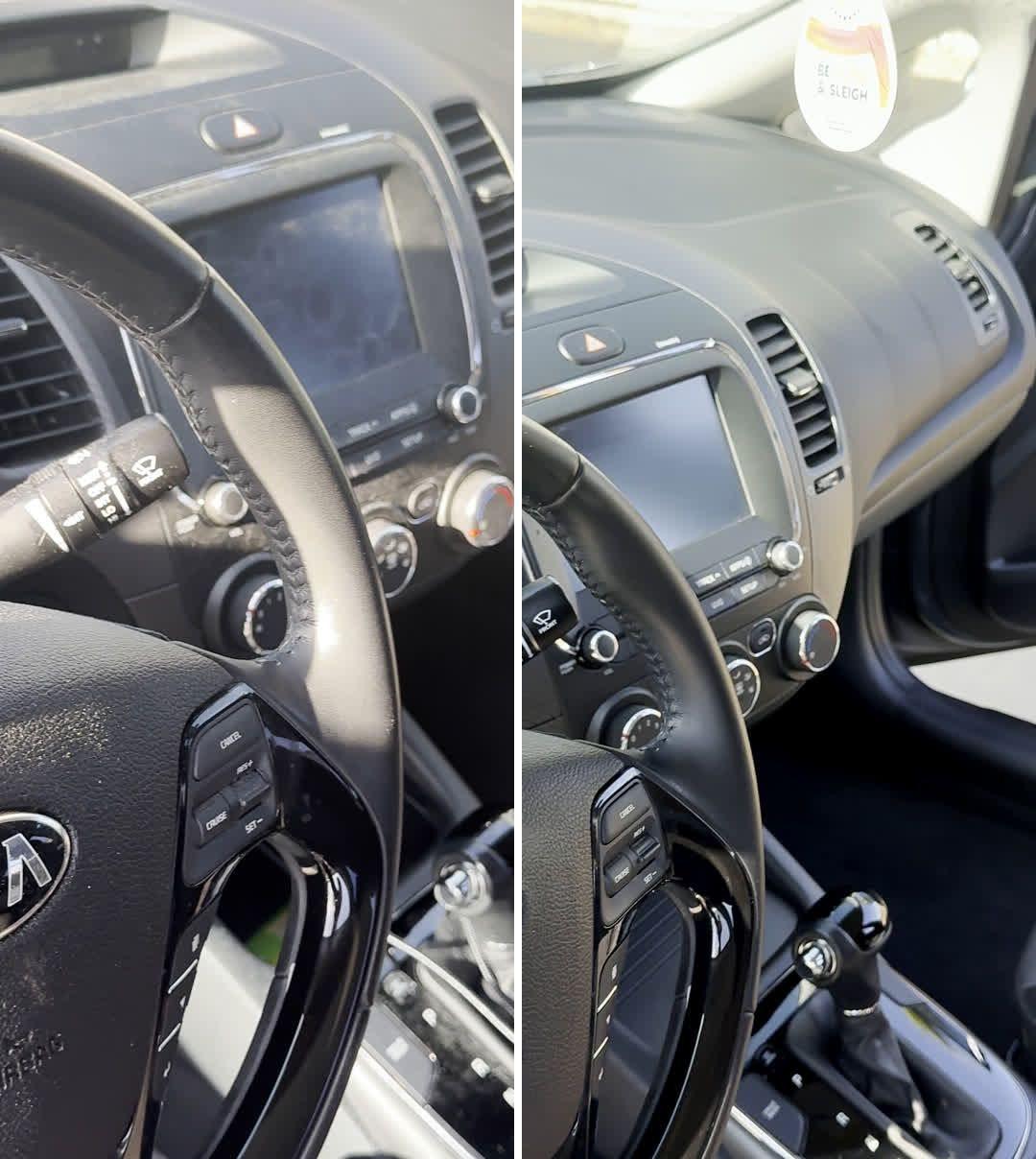 Car interior detail, dusty before on the left and detailed after on the right