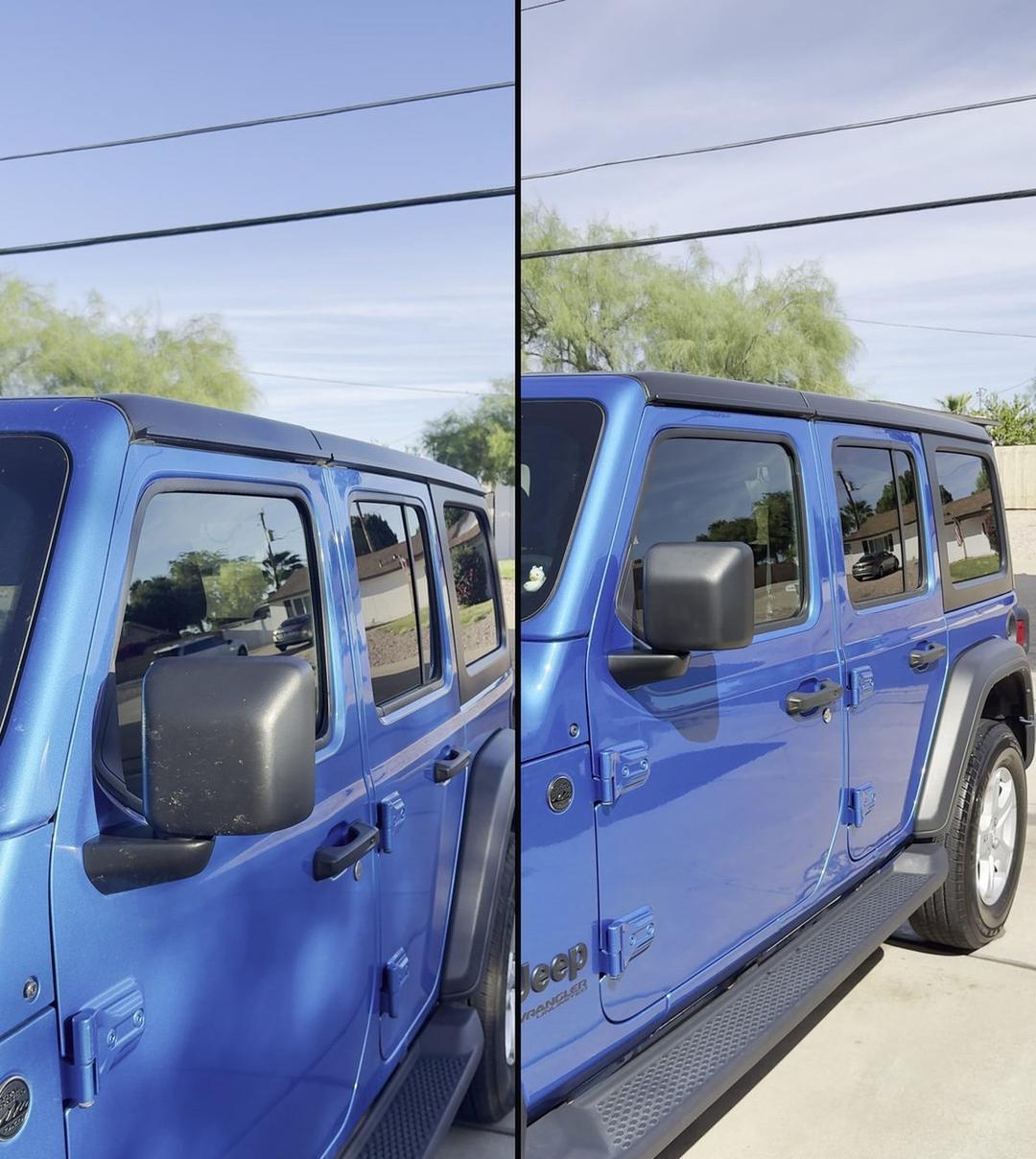 Blue Jeep Wrangler side, dirty before on the left and glossy after on the right
